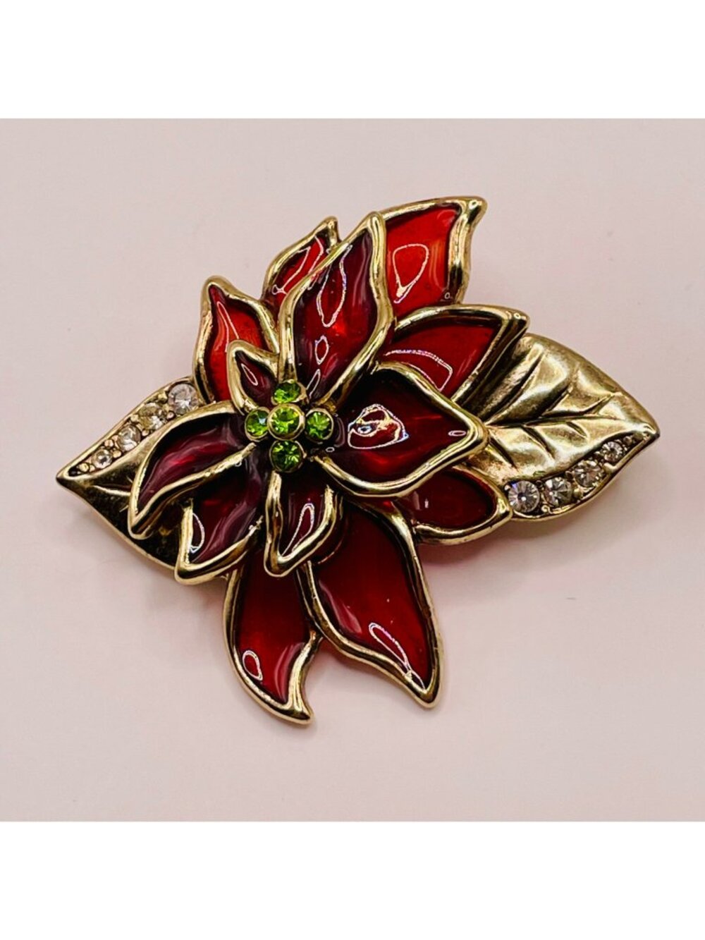 Vintage Liz Claiborne Red Poinsettia Enamel Brooch Rhinestones Gold-Tone -63B